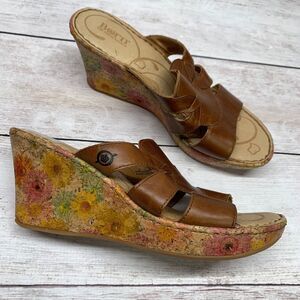 BOC Born Brown Leather Floral Cork Wedge Slide Strappy Sandals Size 8 / 39
